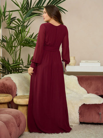 Maxi Length Burgundy Wrap Style Dress with Sash