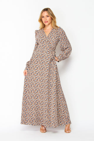 Maxi Length Brown Floral Wrap Style Dress with Sash