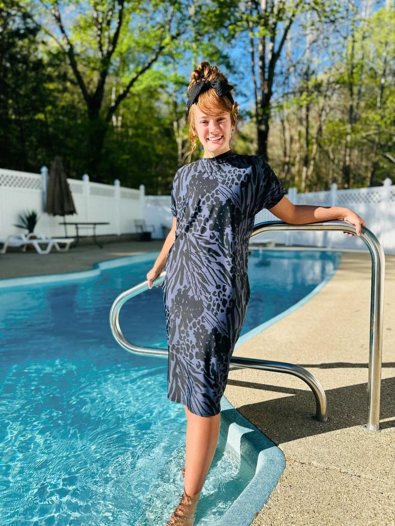 Gray & Black Leopard Print Swim Dress with Customizable Sleeves