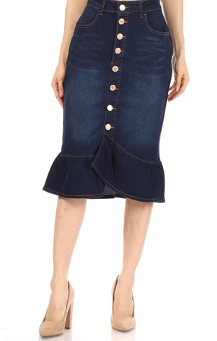 Button Down Ruffle Skirt in Dark Wash Denim 77531