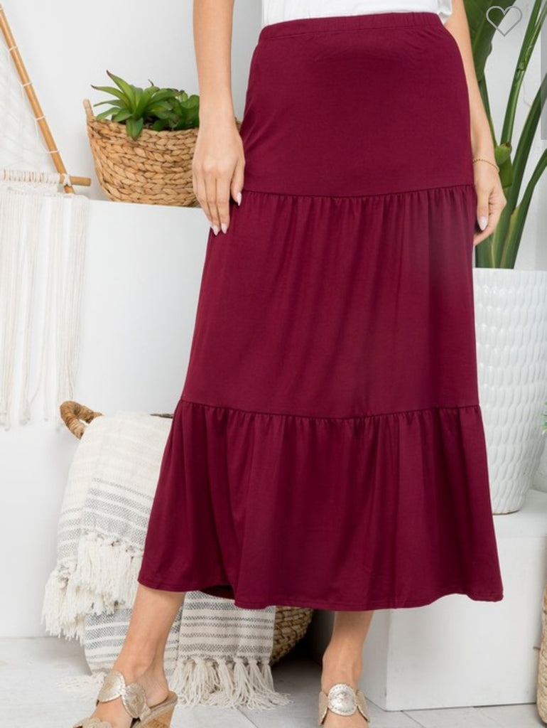 Burgundy Tiered Maxi Skirt