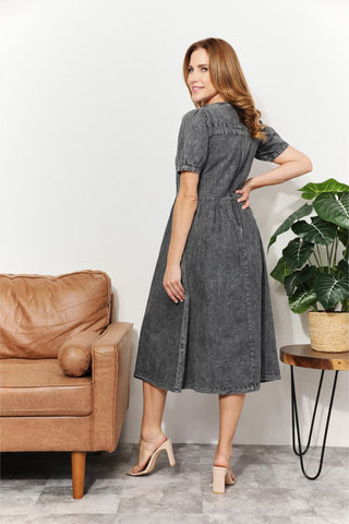Washed Chambray Midi Dress in Charcoal Gray