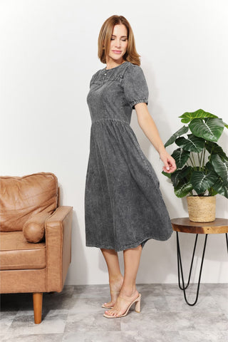 Washed Chambray Midi Dress in Charcoal Gray